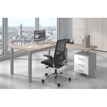 Mesa de escritorio en L Quadra con cajonera estructura aluminio