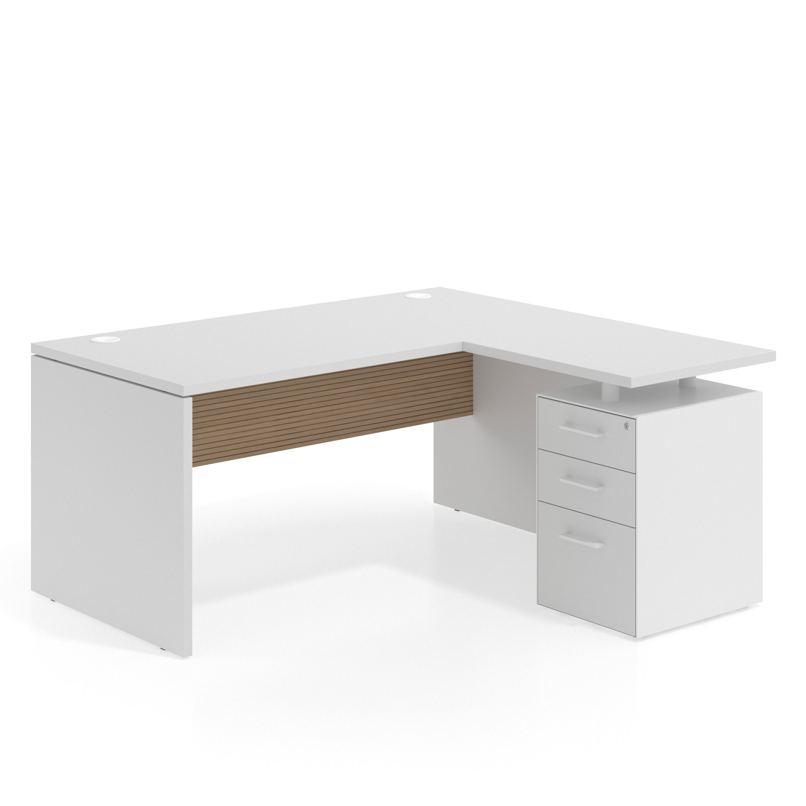 mesa en l 140x150 blanco mate rayado natural workplus mesa fondo 80cm con pedestal 70x60cm frontales melamina 1