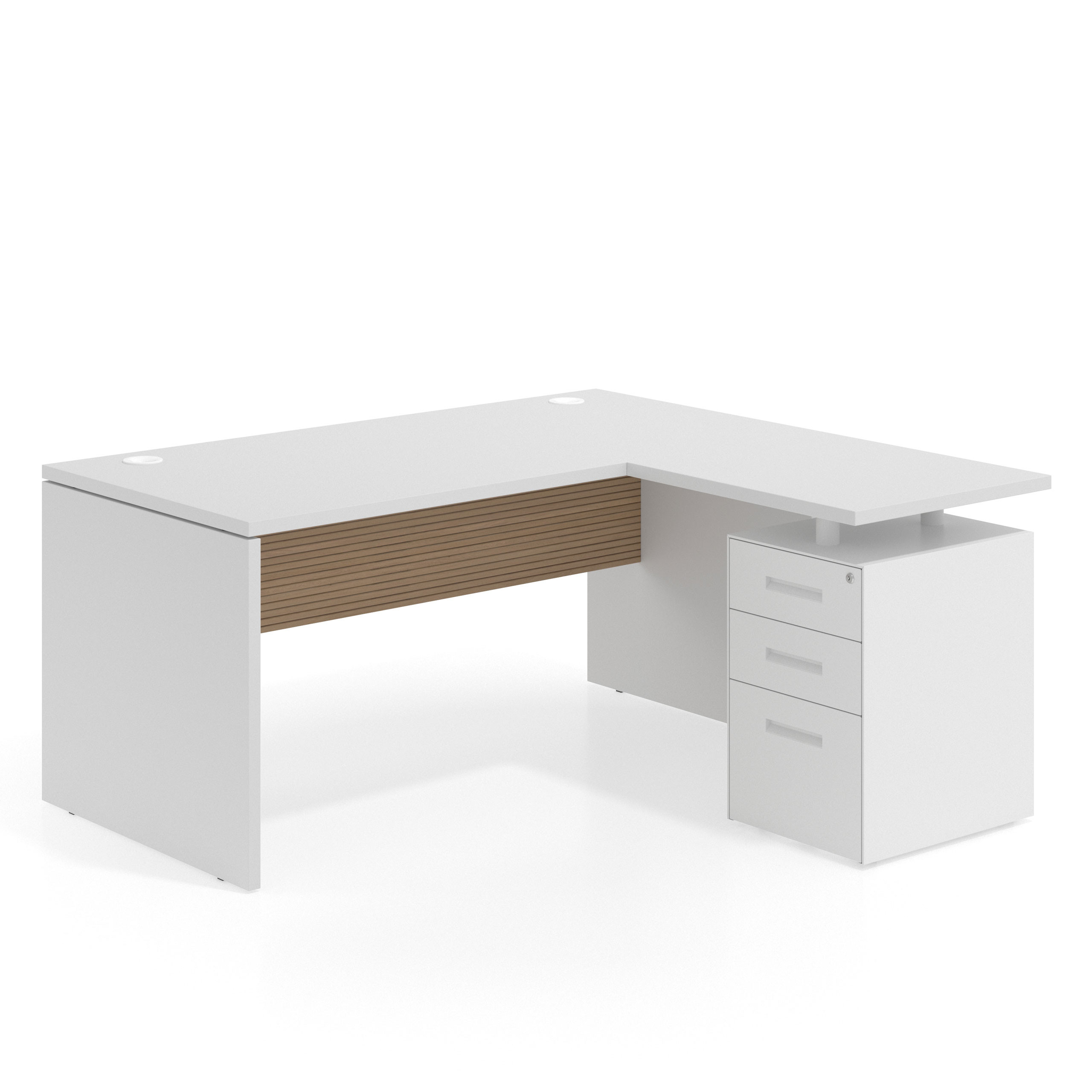 mesa en l 140x150 blanco mate rayado natural workplus mesa fondo 80cm con pedestal 70x60cm frontales metal 1