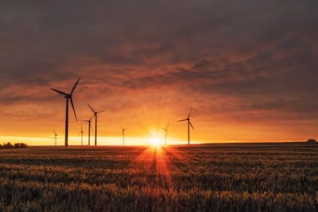 Aerogeneradores en un campo al atardecer &mdash; Acciones empresariales sobre responsabilidad Social Ambiental